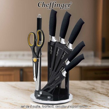 Cheffinger Home KS04 - set de 5 cuțite, foarfecă, ascuțitor și suport rotativ