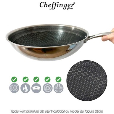 Cheffinger Home PW32N - tigaie wok premium din oțel inoxidabil cu model de fagure 32cm