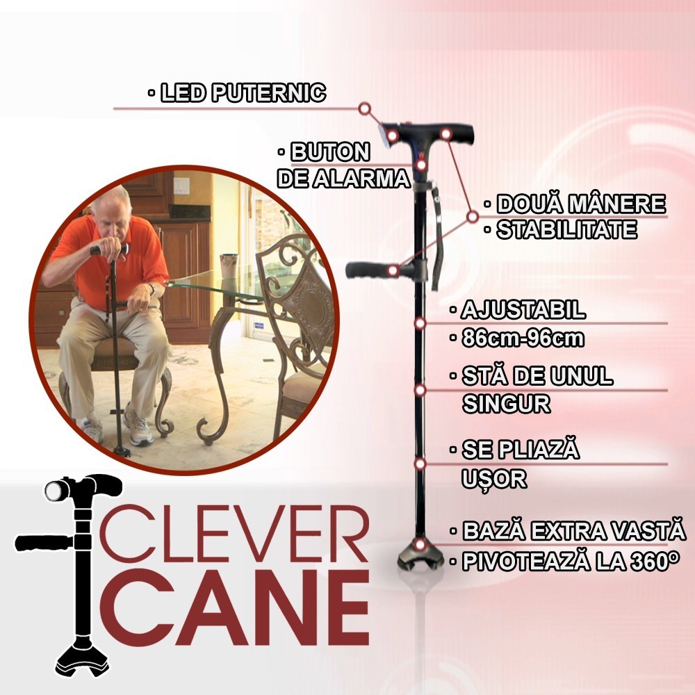 Clever Cane - baston avansat pliabil cu alarma, LED si 3 puncte de contact | Produs Original de la Telestar