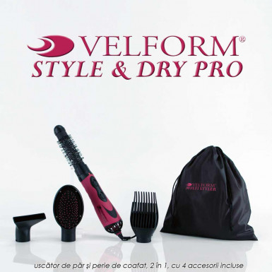 Velform Style & Dry Pro - uscator de par si perie de coafat, 2 in 1, cu 4 accesorii incluse
