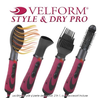 Velform Style & Dry Pro - uscator de par si perie de coafat, 2 in 1, cu 4 accesorii incluse Velform Style & Dry Pro - uscator de par si perie de coafat, 2 in 1, cu 4 accesorii incluse