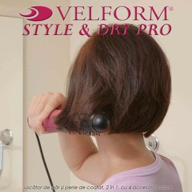 Velform Style & Dry Pro - uscator de par si perie de coafat, 2 in 1, cu 4 accesorii incluse Velform Style & Dry Pro - uscator de par si perie de coafat, 2 in 1, cu 4 accesorii incluse