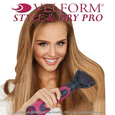 Velform Style & Dry Pro - uscator de par si perie de coafat, 2 in 1, cu 4 accesorii incluse Velform Style & Dry Pro - uscator de par si perie de coafat, 2 in 1, cu 4 accesorii incluse