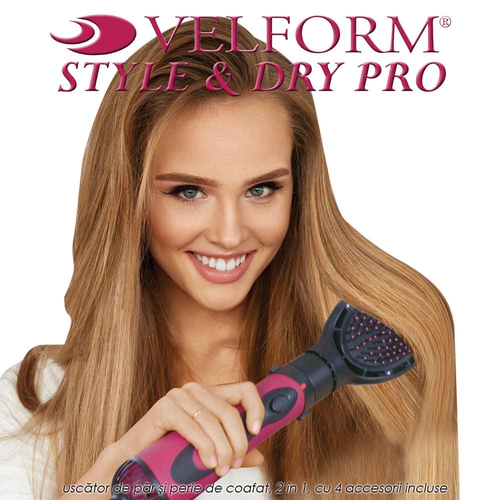 Velform Style & Dry Pro - uscator de par si perie de coafat, 2 in 1, cu 4 accesorii incluse Velform Style & Dry Pro - uscator de par si perie de coafat, 2 in 1, cu 4 accesorii incluse