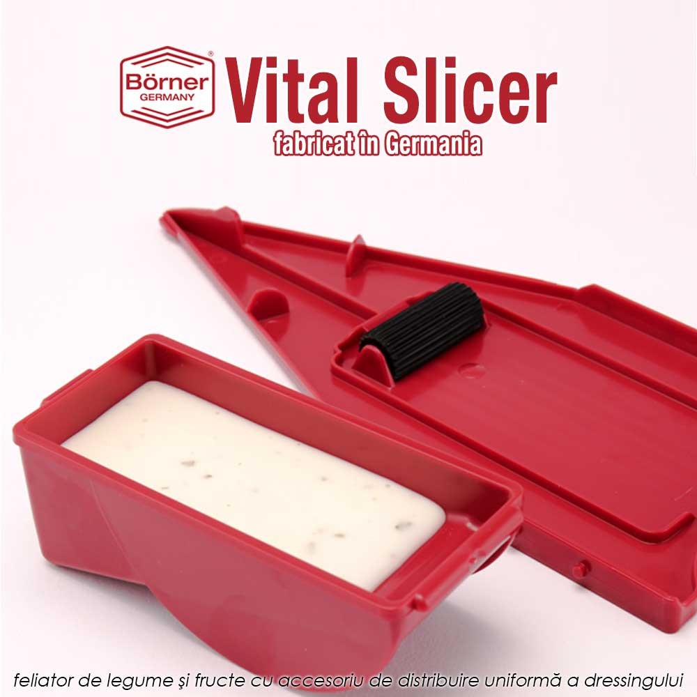 Vital Slicer Börner - feliator de legume si fructe cu accesoriu de distribuire uniforma a dressingului Vital Slicer Börner - feliator de legume si fructe cu accesoriu de distribuire uniforma a dressingului