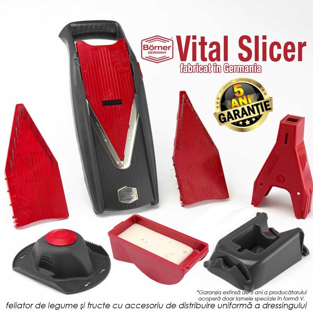 Vital Slicer Börner - feliator de legume si fructe cu accesoriu de distribuire uniforma a dressingului Vital Slicer Börner - feliator de legume si fructe cu accesoriu de distribuire uniforma a dressingului