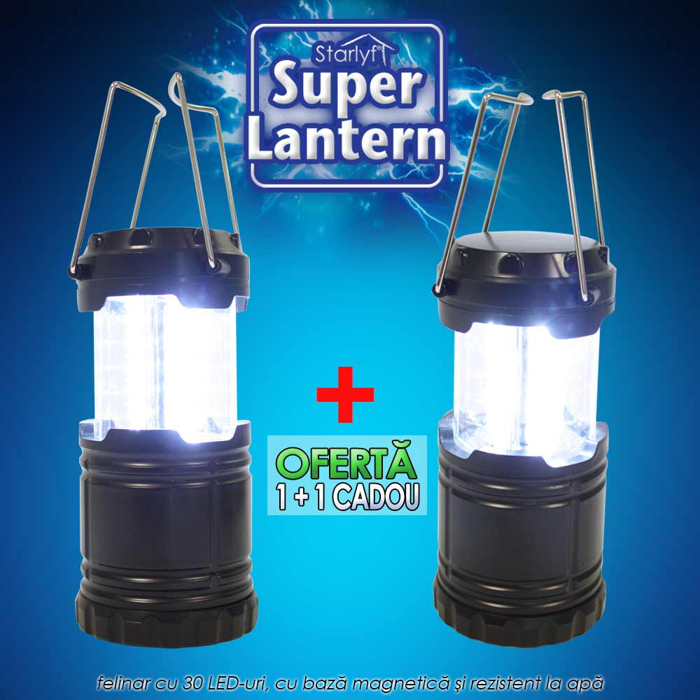 Starlyf Super Lantern - felinar cu 30 LED-uri, lumineaza 360 de grade, cu baza magnetica si rezistent la apa 1+1 cadou
