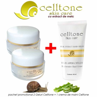 Pachet PROMO: 2 geluri cu extract de melc Celltone + 1 crema de maini cu extract de melc si aloe vera Celltone