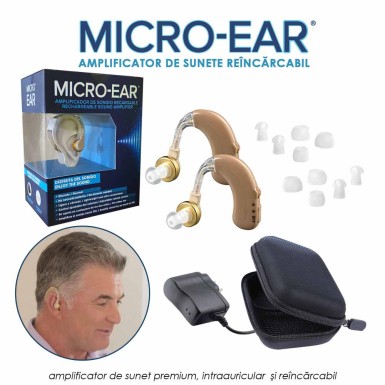 Micro Ear - amplificator de sunete premium, intraauricular si reincarcabil 1+1 gratis Micro Ear - amplificator de sunete premium, intraauricular si reincarcabil 1+1 gratis