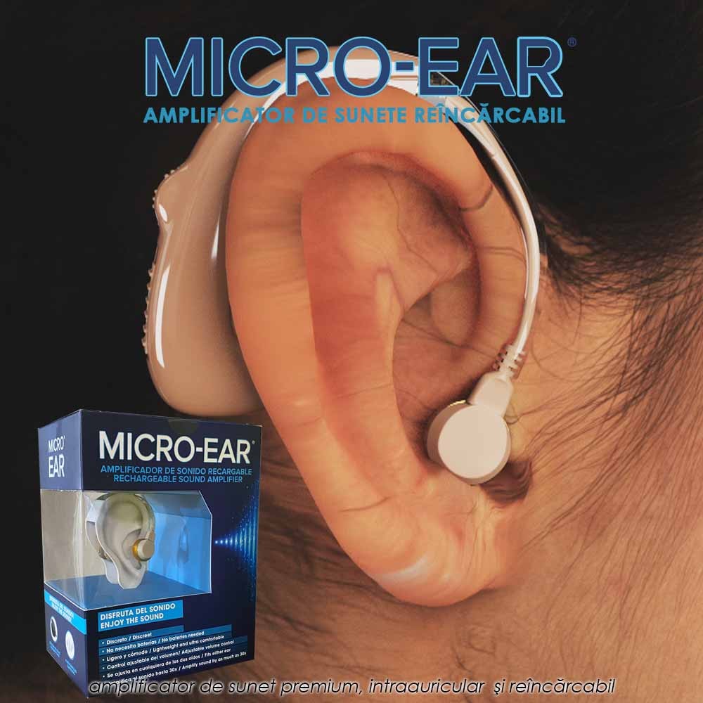 Micro Ear - amplificator de sunete premium, intraauricular si reincarcabil 1+1 gratis