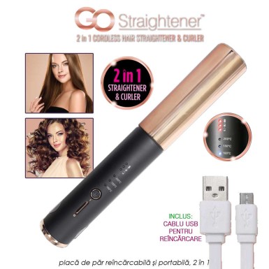 GO Straightener - placa de par reincarcabila si portabila, 2-in-1 cu placi din nano ceramica acoperite cu turmalina