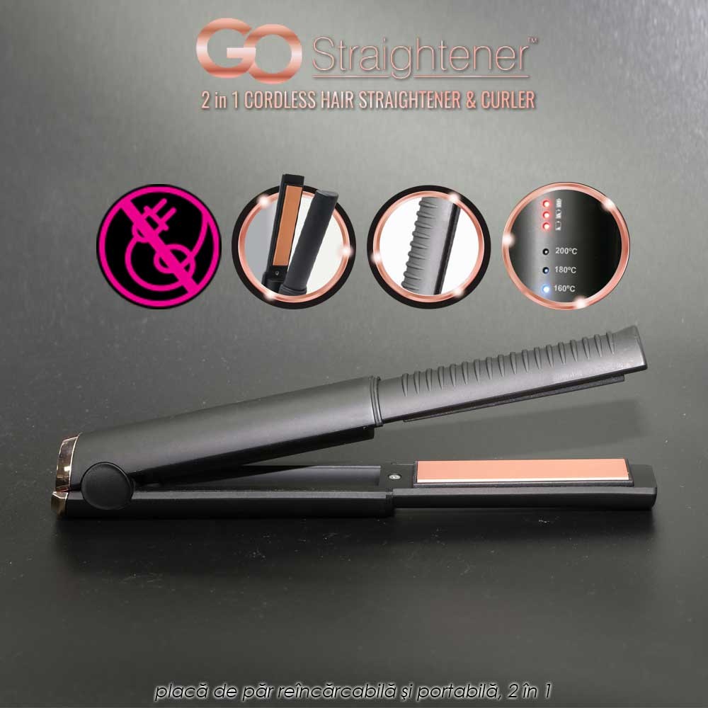 GO Straightener - placa de par reincarcabila si portabila, 2-in-1 cu placi din nano ceramica acoperite cu turmalina
