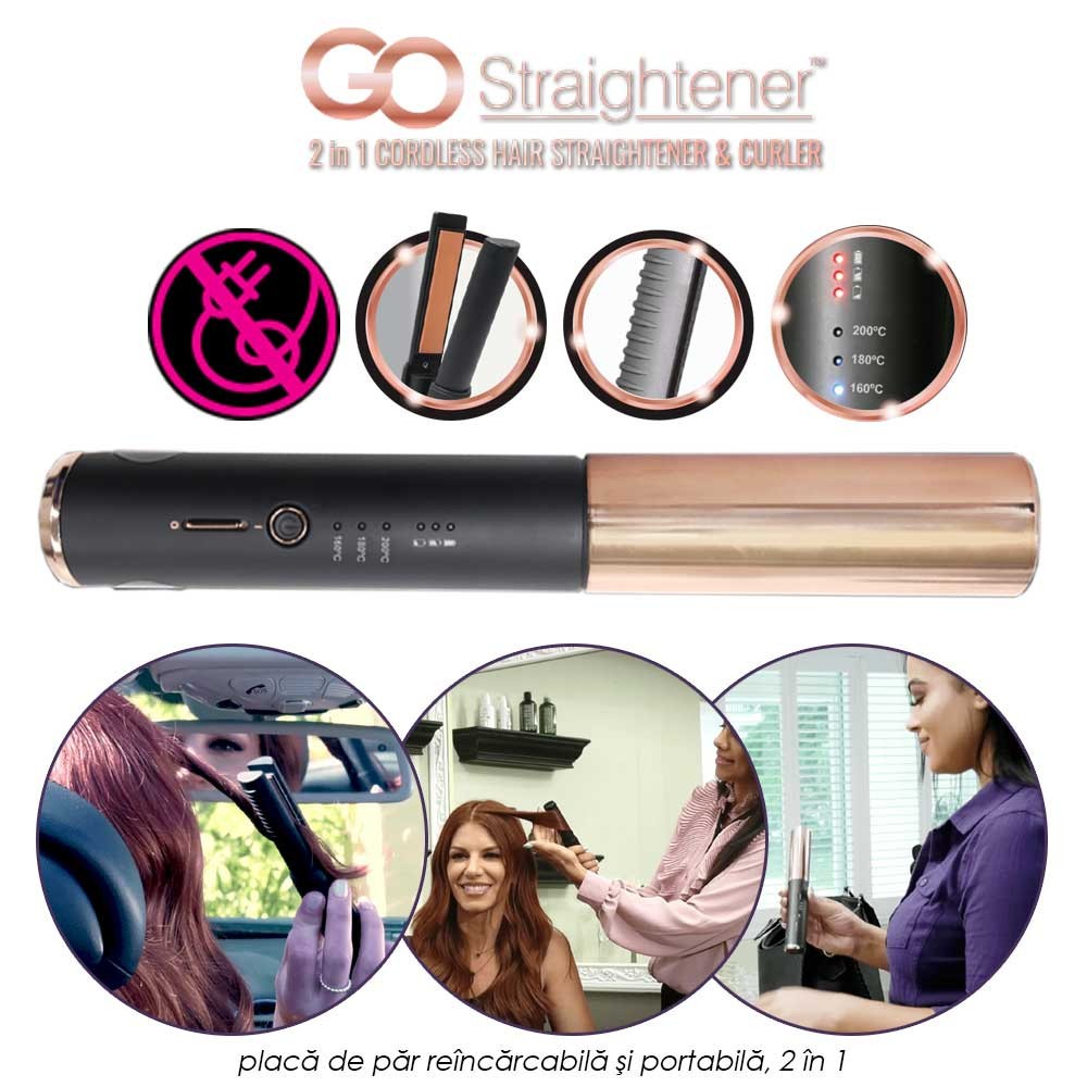 GO Straightener - placa de par reincarcabila si portabila, 2-in-1 cu placi din nano ceramica acoperite cu turmalina