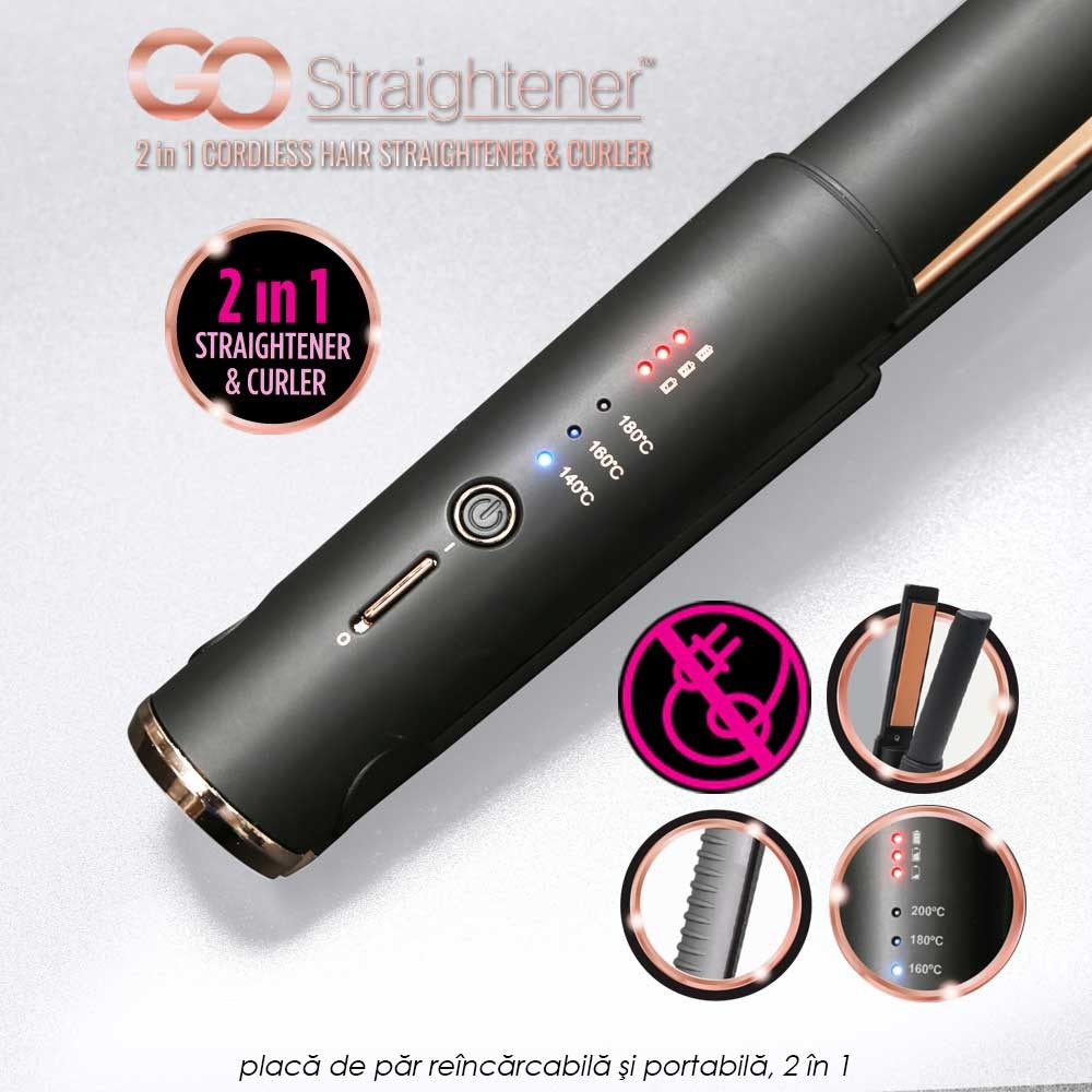 GO Straightener - placa de par reincarcabila si portabila, 2-in-1 cu placi din nano ceramica acoperite cu turmalina