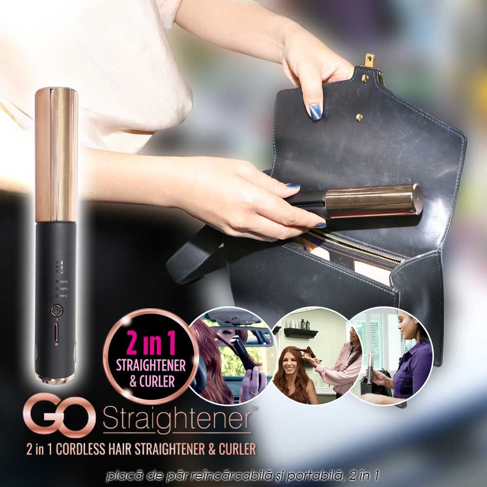 GO Straightener - placa de par reincarcabila si portabila, 2-in-1 cu placi din nano ceramica acoperite cu turmalina