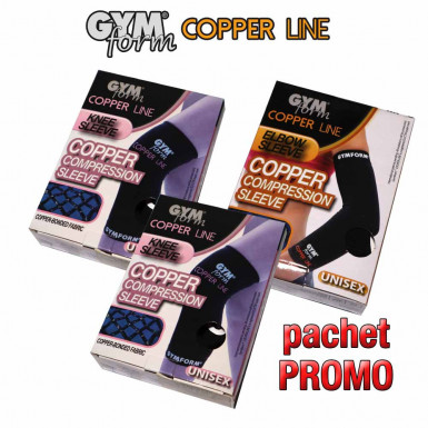 Pachet PROMO: Gymform Copper Line cu  2 maneci de compresie pentru genunchi + 1 maneca pentru cot