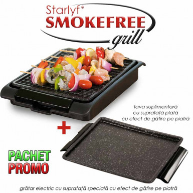 Pachet PROMO: Starlyf Smoke Free Grill + Tava plata cu efect de gatire pe piatra