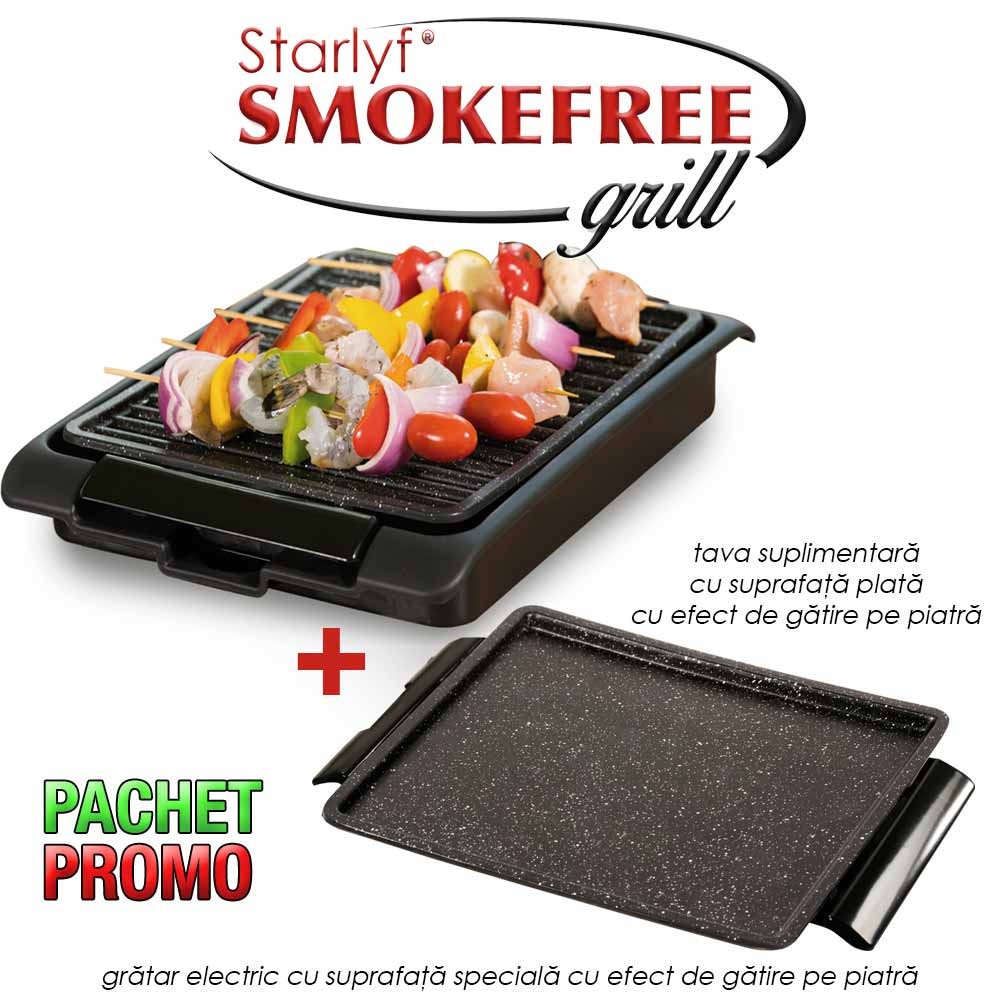 Pachet PROMO: Starlyf Smoke Free Grill + Tava plata cu efect de gatire pe piatra