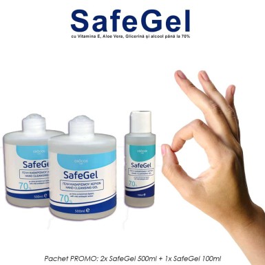 Pachet PROMO: 2 Safe Gel 500ml + 1 Safe Gel 100ml, gel igienizare maini cu pana la 70% alcool Pachet PROMO: 2 Safe Gel 500ml + 1 Safe Gel 100ml, gel igienizare maini cu pana la 70% alcool