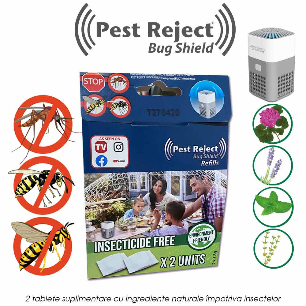 Pest Reject Bug Shield Rezerve: 2 tablete suplimentare cu ingrediente naturale impotriva insectelor