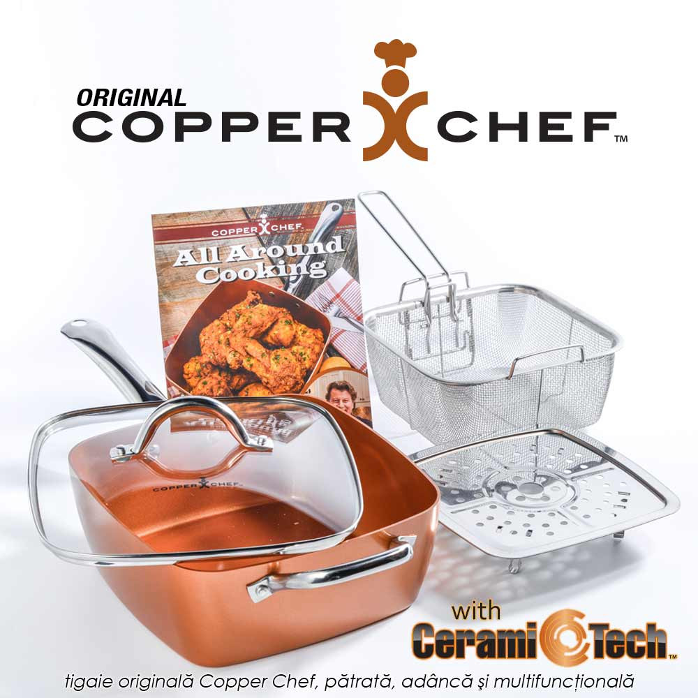 Copper Chef Original - tigaie patrata adanca multifunctionala, antiaderenta, acoperita cu ceramica de calitate, set 4 piese