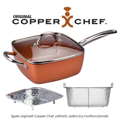 Copper Chef Original - tigaie patrata adanca multifunctionala, antiaderenta, acoperita cu ceramica de calitate, set 4 piese Copper Chef Original - tigaie patrata adanca multifunctionala, antiaderenta, acoperita cu ceramica de calitate, set 4 piese