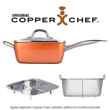 Copper Chef Original - tigaie patrata adanca multifunctionala, antiaderenta, acoperita cu ceramica de calitate, set 4 piese Copper Chef Original - tigaie patrata adanca multifunctionala, antiaderenta, acoperita cu ceramica de calitate, set 4 piese