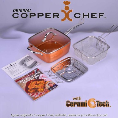 Copper Chef Original - tigaie patrata adanca multifunctionala, antiaderenta, acoperita cu ceramica de calitate, set 4 piese Copper Chef Original - tigaie patrata adanca multifunctionala, antiaderenta, acoperita cu ceramica de calitate, set 4 piese
