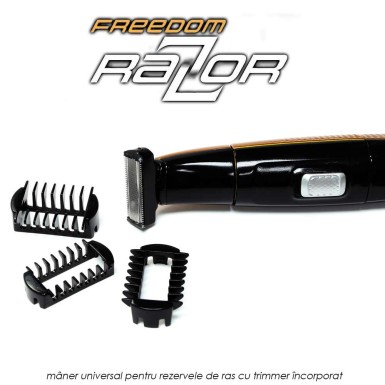 Freedom Razor - maner universal pentru rezervele aparatelor de ras si trimmer de tuns electric incorporat Freedom Razor - maner universal pentru rezervele aparatelor de ras si trimmer de tuns electric incorporat