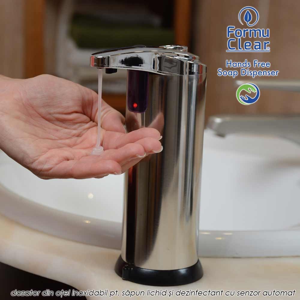 FormuClear Hands Free Soap Dispenser - dozator din otel inoxidabil pentru sapun lichid si dezinfectant cu senzor automat