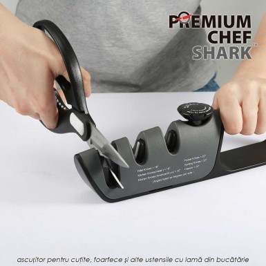 Premium Chef Shark - ascutitor pentru cutite, foarfece si alte ustensile cu lama din bucatarie Premium Chef Shark - ascutitor pentru cutite, foarfece si alte ustensile cu lama din bucatarie