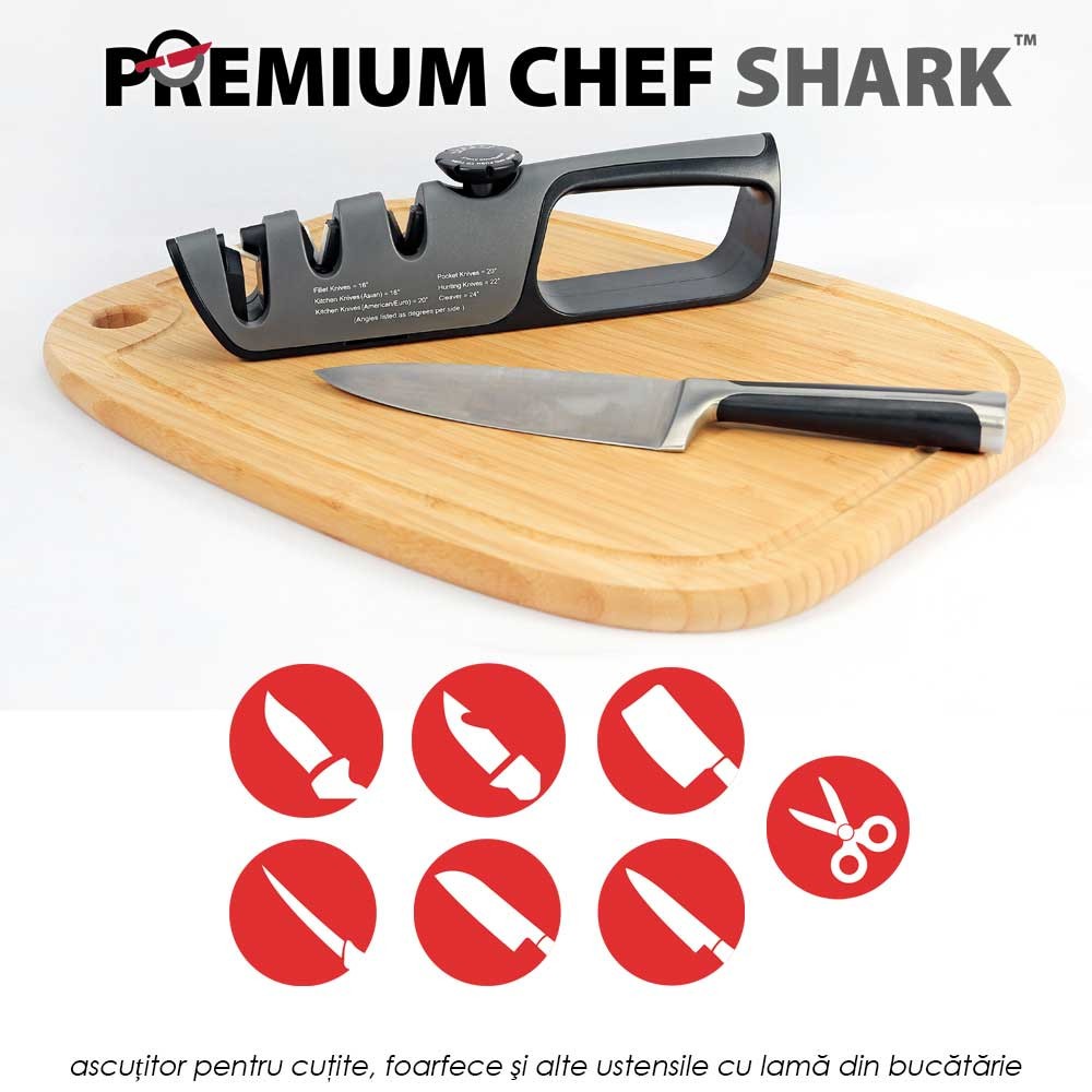 Premium Chef Shark - ascutitor pentru cutite, foarfece si alte ustensile cu lama din bucatarie
