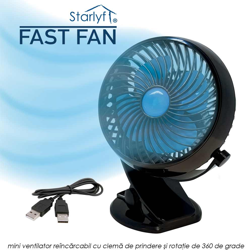 Starlyf Fast Fan - mini ventilator reincarcabil cu clema de prindere si rotatie la 360 grade