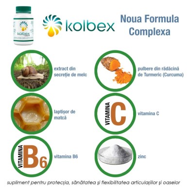 Kolbex - supliment impotriva durerilor articulare cu extract din secretie de melc, laptisor de matca, curcuma si vitamine Kolbex - supliment impotriva durerilor articulare cu extract din secretie de melc, laptisor de matca, curcuma si vitamine