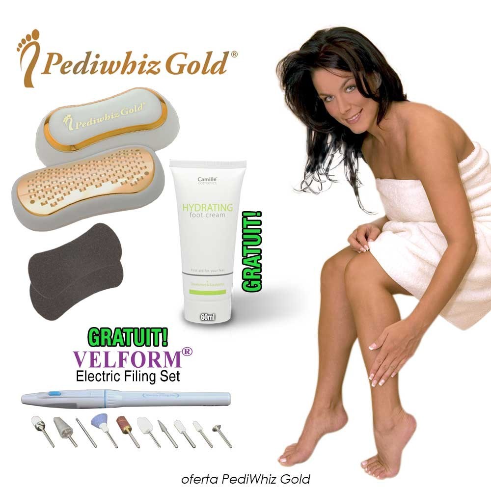 PediWhiz Gold - aparat pentru pedichiura + crema pentru picioare + set de pilire electric