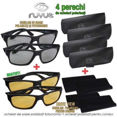 Pachet PROMO NuVue: 2x ochelari polarizati fotocromici + 2x ochelari polarizati pentru condus