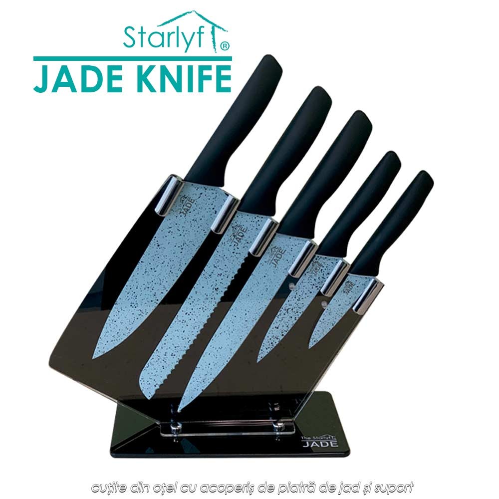 Starlyf Jade Knife set - set de 5 cutite din otel cu acoperis de piatra de jad si suport