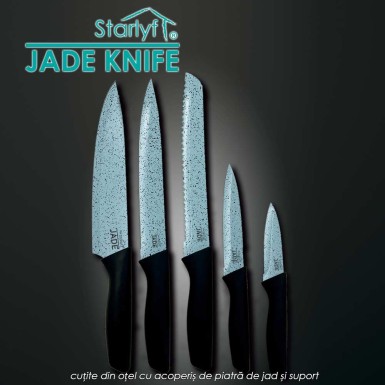 Starlyf Jade Knife set - set de 5 cutite din otel cu acoperis de piatra de jad si suport