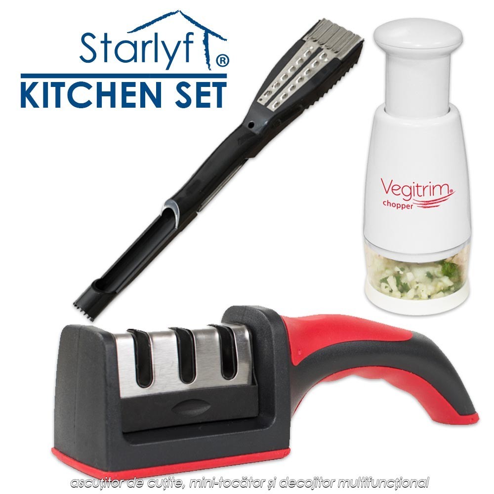 Starlyf Kitchen Set - ascutitor de cutite, mini-tocator si decojitor multifunctional Starlyf Kitchen Set - ascutitor de cutite, mini-tocator si decojitor multifunctional