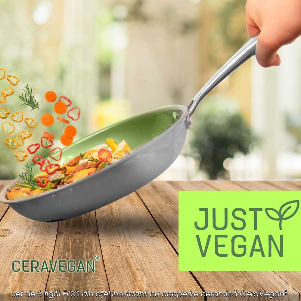 Just Vegan - set de 3 tigăi ECO din oțel inoxidabil cu acoperire ceramică cu ulei de avocado