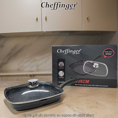 🍳Cheffinger Home GP28 | preț 129lei | tigaie grill din aluminiu cu capac din sticlă 28cm | Telestar 🍳Cheffinger Home GP28 | preț 129lei | tigaie grill din aluminiu cu capac din sticlă 28cm | Telestar