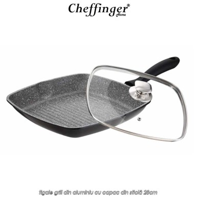 🍳Cheffinger Home GP28 | preț 129lei | tigaie grill din aluminiu cu capac din sticlă 28cm | Telestar 🍳Cheffinger Home GP28 | preț 129lei | tigaie grill din aluminiu cu capac din sticlă 28cm | Telestar