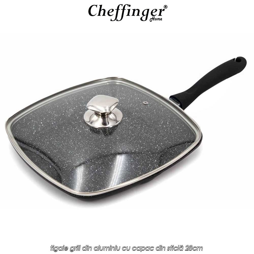 🍳Cheffinger Home GP28 | preț 129lei | tigaie grill din aluminiu cu capac din sticlă 28cm | Telestar 🍳Cheffinger Home GP28 | preț 129lei | tigaie grill din aluminiu cu capac din sticlă 28cm | Telestar