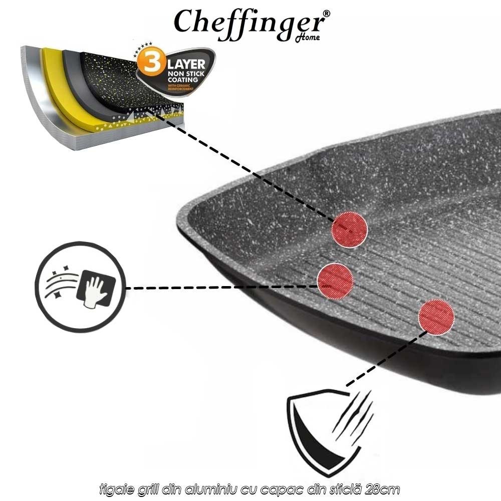 🍳Cheffinger Home GP28 | preț 129lei | tigaie grill din aluminiu cu capac din sticlă 28cm | Telestar 🍳Cheffinger Home GP28 | preț 129lei | tigaie grill din aluminiu cu capac din sticlă 28cm | Telestar
