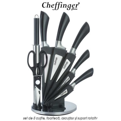 Cheffinger Home KS03 - set de 5 cuțite, foarfecă, ascuțitor și suport rotativ