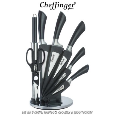 Cheffinger Home KS03 - set de 5 cuțite, foarfecă, ascuțitor și suport rotativ Cheffinger Home KS03 - set de 5 cuțite, foarfecă, ascuțitor și suport rotativ