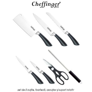 Cheffinger Home KS03 - set de 5 cuțite, foarfecă, ascuțitor și suport rotativ Cheffinger Home KS03 - set de 5 cuțite, foarfecă, ascuțitor și suport rotativ