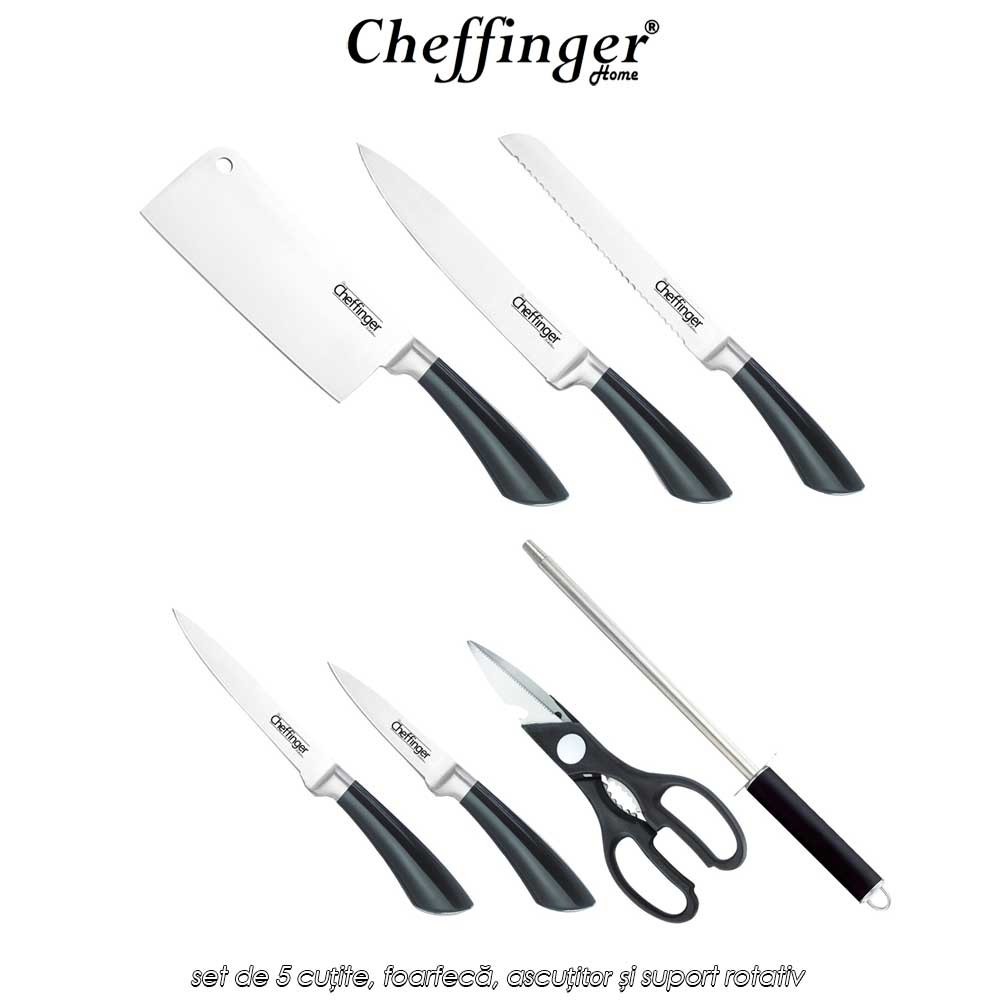 Cheffinger Home KS03 - set de 5 cuțite, foarfecă, ascuțitor și suport rotativ