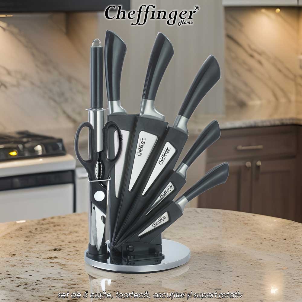 Cheffinger Home KS03 - set de 5 cuțite, foarfecă, ascuțitor și suport rotativ