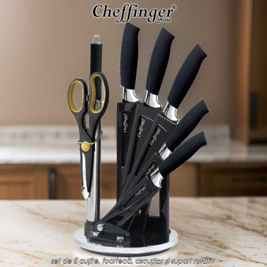 Cheffinger Home KS04 - set de 5 cuțite, foarfecă, ascuțitor și suport rotativ Cheffinger Home KS04 - set de 5 cuțite, foarfecă, ascuțitor și suport rotativ